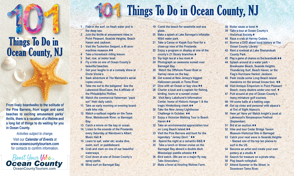 Colorful graphic listing 101 things to do in Ocean County, NJ, with beachy images of a starfish and shells. Discover a wide variety of things to do in Ocean County NJ—from outdoor activities and family fun to arts and dining options—all featured alongside current Ocean County website information.