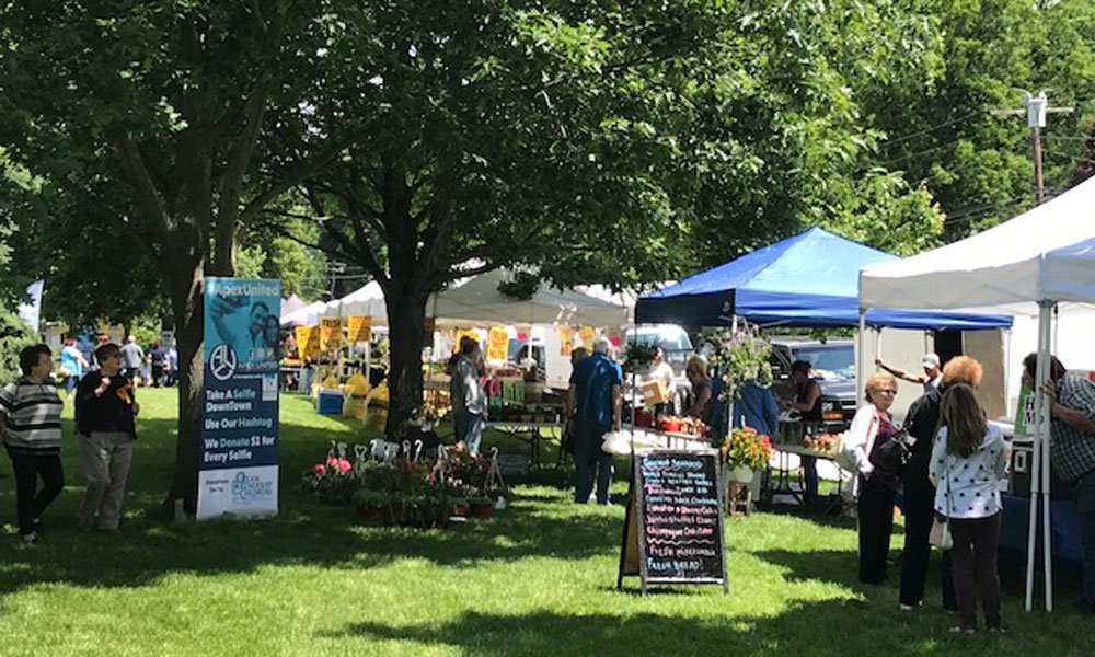 People browse booths under tents at an outdoor market or fair on a sunny day—one of the popular things to do in Ocean County NJ. There are trees, grass, signs, and various goods displayed for sale.