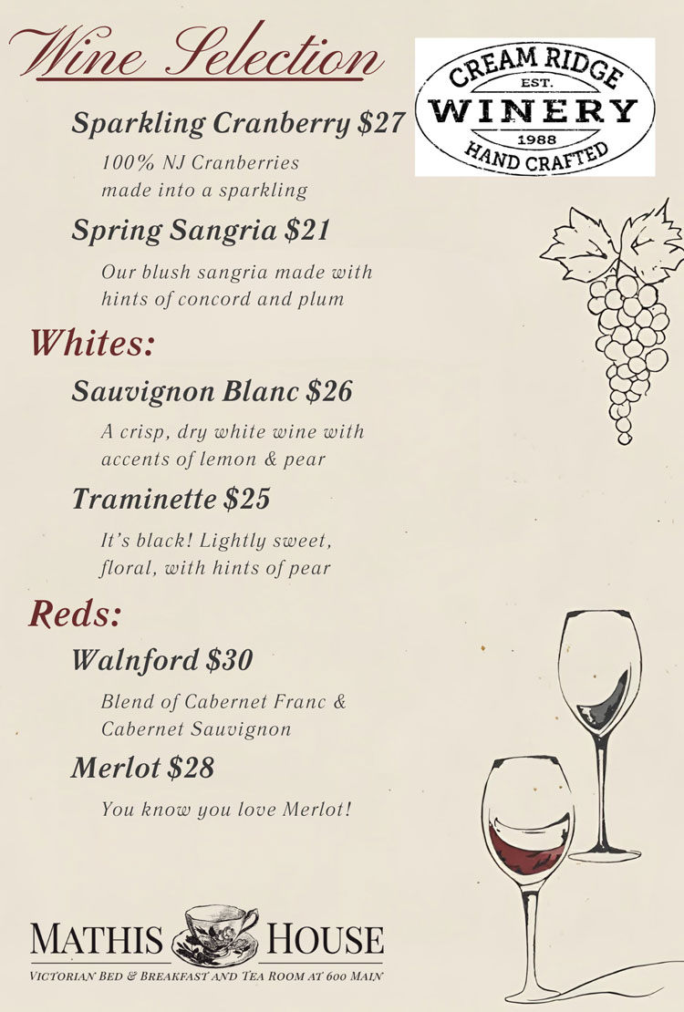 Wine menu from Cream Ridge Winery featuring sparkling cranberry, Spring Sangria, Sauvignon Blanc, Traminette, Walnford, and Merlot wines, with descriptions and prices—perfect for planning your stay at a charming bed and breakfast Toms River NJ guests will love. Decorative wine glass and grape graphics add a touch of elegance to your wine-tasting experience.