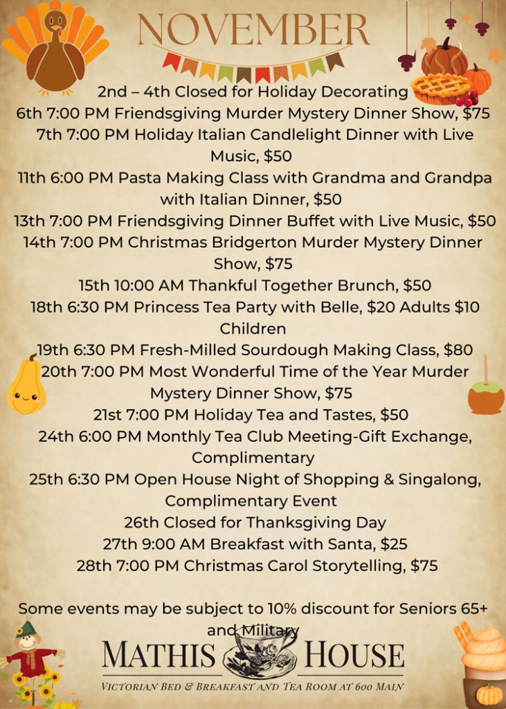 November event calendar for Mathis House Bed & Breakfast highlights a variety of events in Toms River NJ, including murder mystery dinners, tea parties, brunches, craft classes, storytelling sessions, a Thanksgiving buffet, and other themed gatherings with specific dates and times listed.