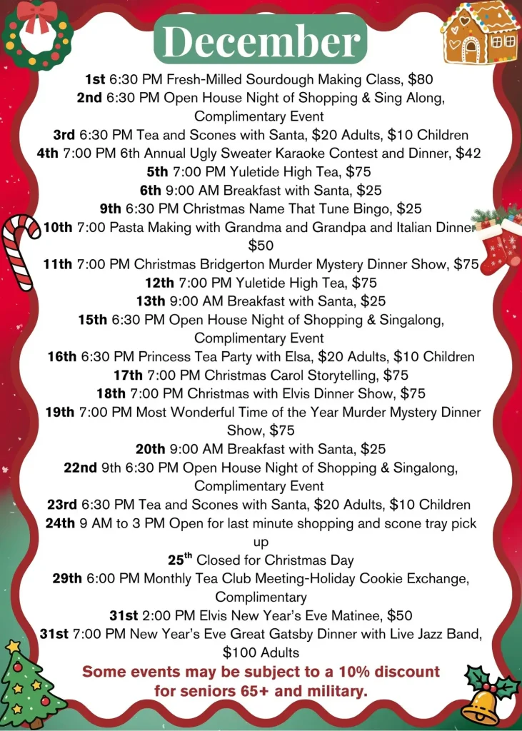 December event calendar with festive graphics lists various holiday activities, dates, times, and prices for events in Toms River NJ. Activities include Santa visits, karaoke, tea with Elsa, and mystery dinners. Discounts for seniors 65+ and military advertised.