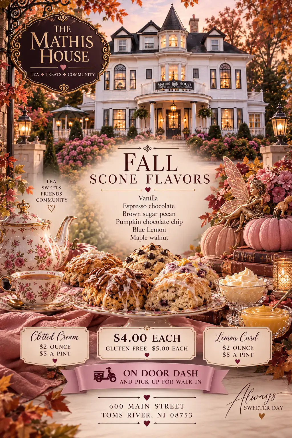 A cozy fall tea setting features a mansion, scones, teapot, and autumn decor at The Mathis House bed and breakfast Toms River NJ. Text advertises fall scone flavors, prices, and location.