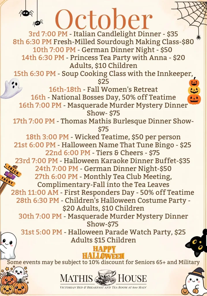 October events calendar for Mathis House, decorated with autumn leaves and Halloween-themed illustrations like pumpkins, bats, and ghosts. Discover a festive lineup of events in Toms River NJ—event dates, times, descriptions, and prices are listed for your convenience. Don’t miss out on the autumn fun at Mathis House! Happy Halloween!.