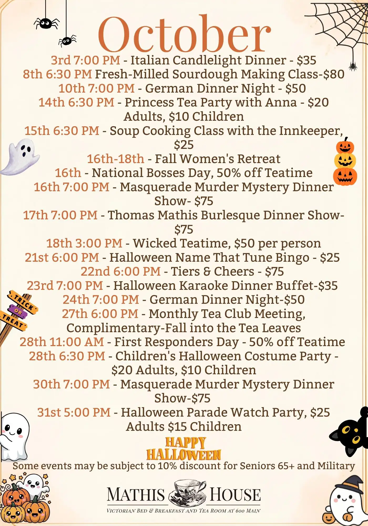 October events calendar for Mathis House, decorated with autumn leaves and Halloween-themed illustrations like pumpkins, bats, and ghosts. Discover a festive lineup of events in Toms River NJ—event dates, times, descriptions, and prices are listed for your convenience. Don’t miss out on the autumn fun at Mathis House! Happy Halloween!.