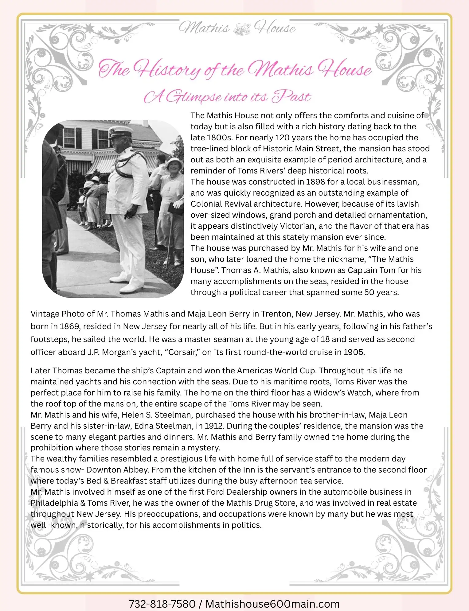A vintage black and white photo of a man and a woman sits above an article about the history of the Mathis House, a historic Victorian tea room Toms River NJ inn.