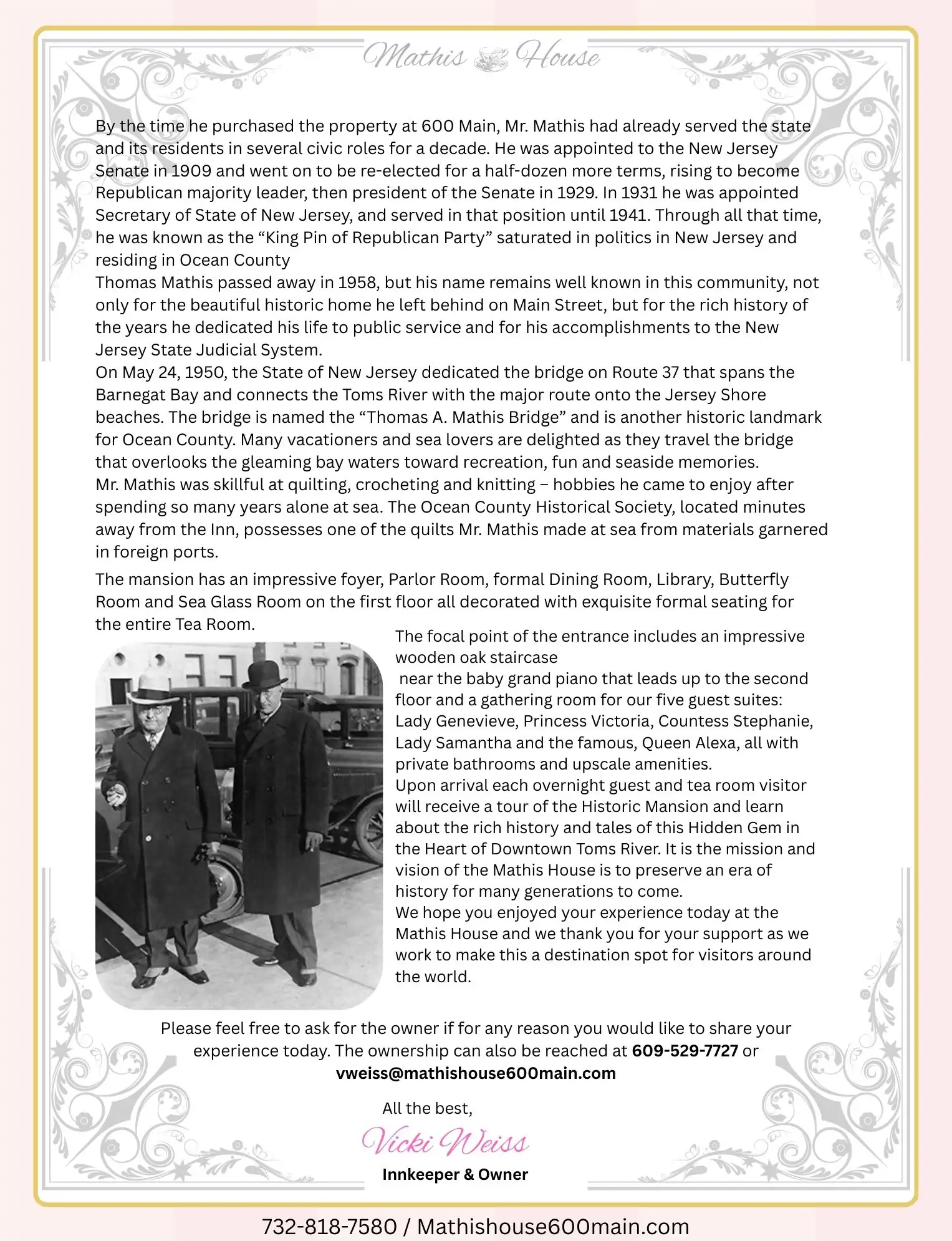 A letter from Alice Priest, owner of Mathis House, describing the mansion’s rich history and charming amenities—including our beloved tea room in Toms River, NJ—while warmly inviting guests to share photos and reviews. Contact details and social media information are provided at the bottom.