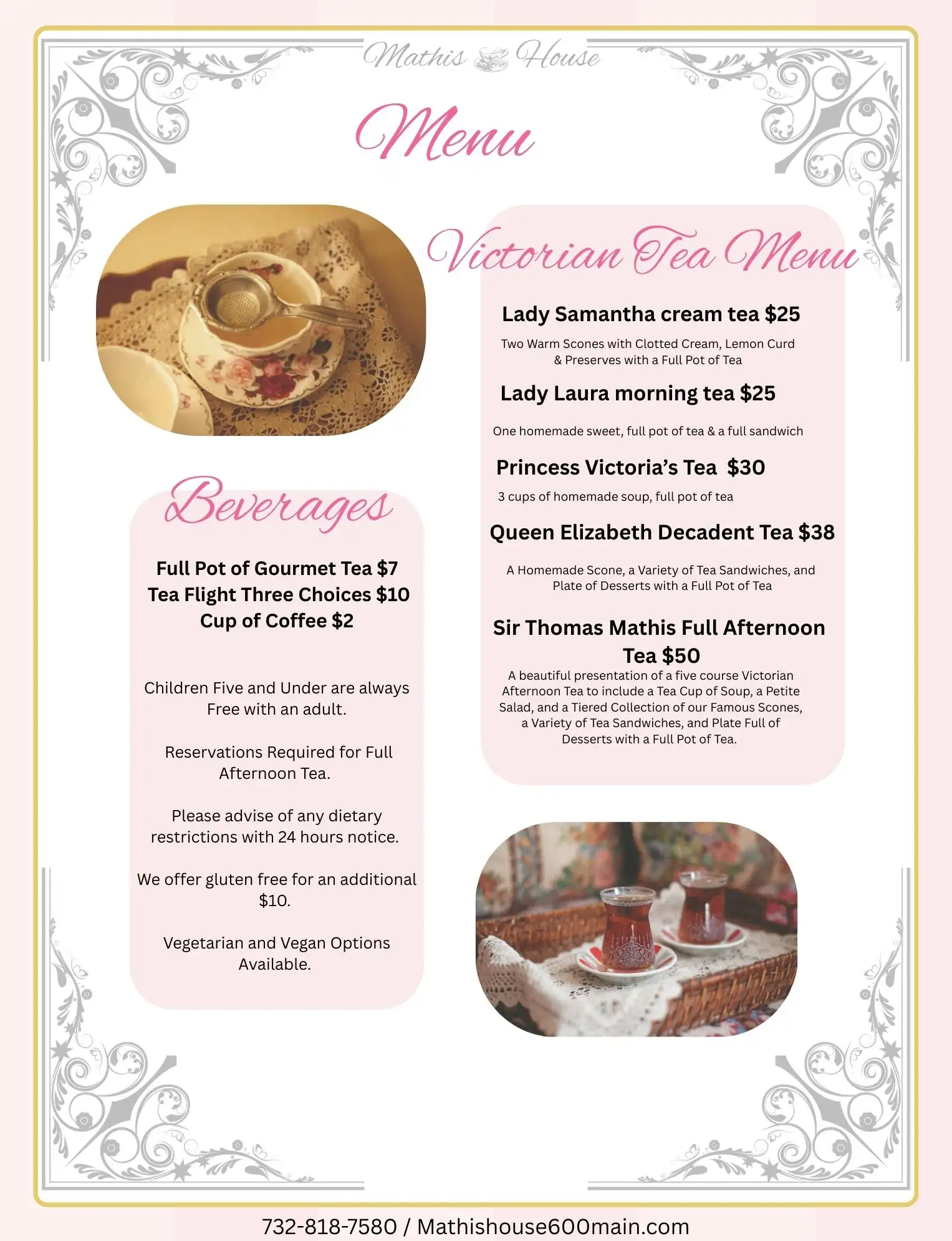 Victorian tea menu with elegant floral borders, featuring tea sets, scones, and beverage options, along with pricing and reservation details at the bottom. Pink and cream tones create a vintage, inviting feel—perfect for an afternoon at a charming tea room in Toms River, NJ.