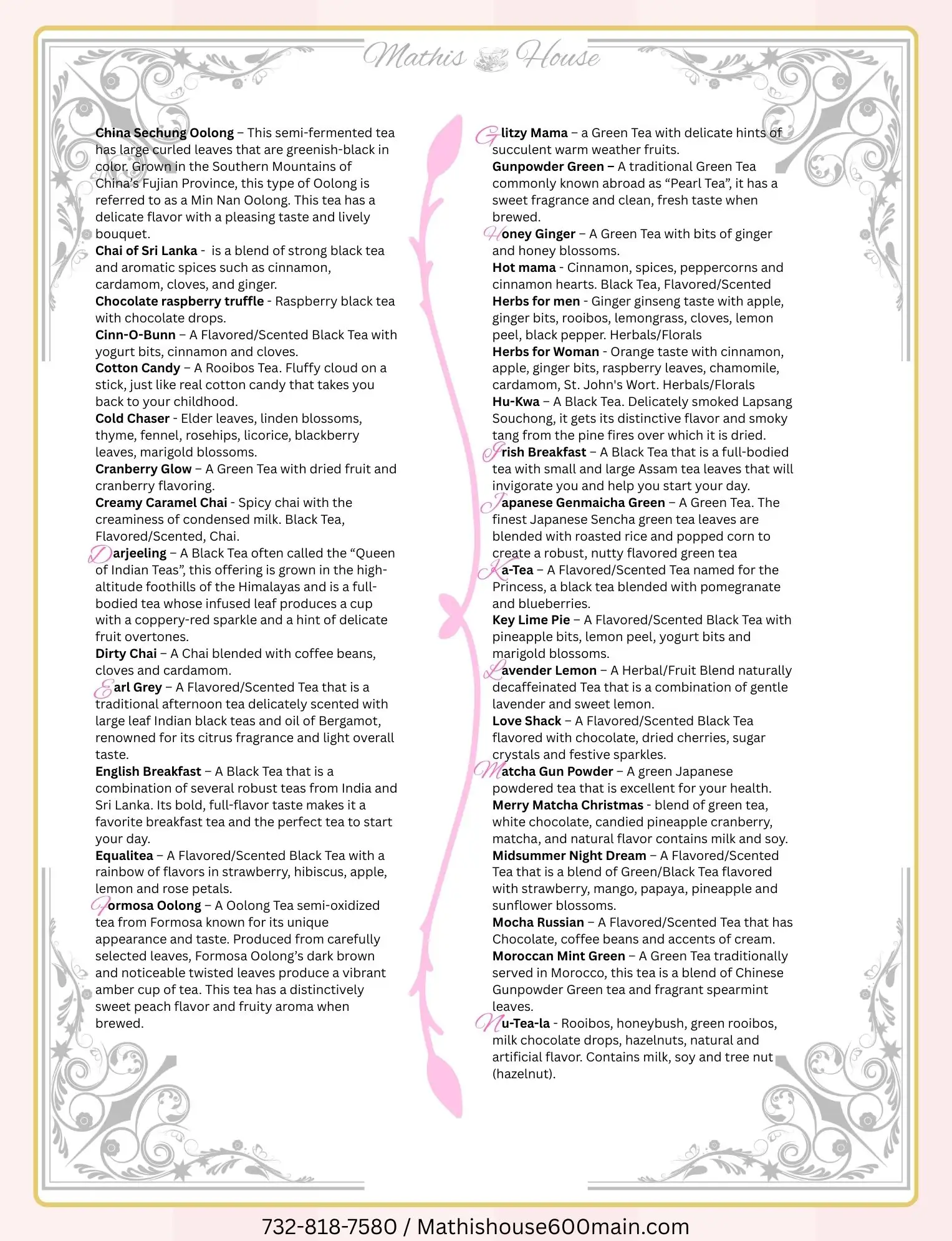 A decorative tea menu lists various teas and their descriptions—including oolong, black, green, chocolate, cardamom, cranberry, peach, and herbal blends—set against a floral vintage background with gold and pink accents, evoking the inviting charm of a classic tea room in Toms River NJ.