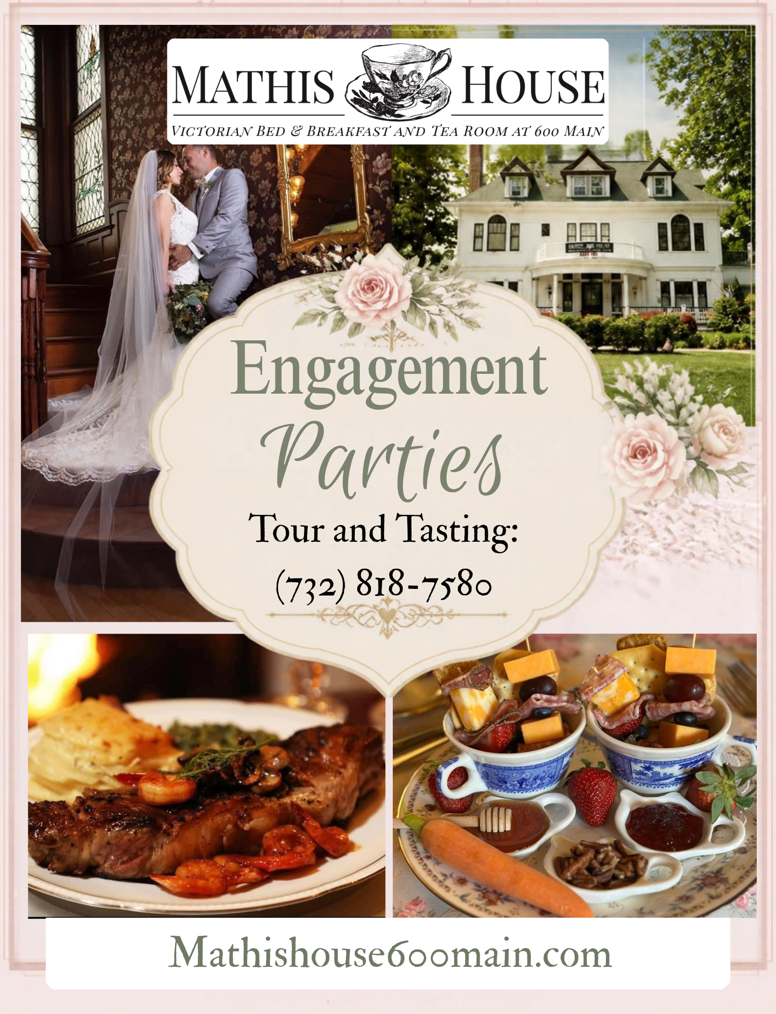 A couple celebrates their wedding day at Mathis House, a historic event venue in Toms River, NJ. The ad showcases a steak dinner and charcuterie served in teacups, including contact information and the website for the Victorian Bed & Breakfast.