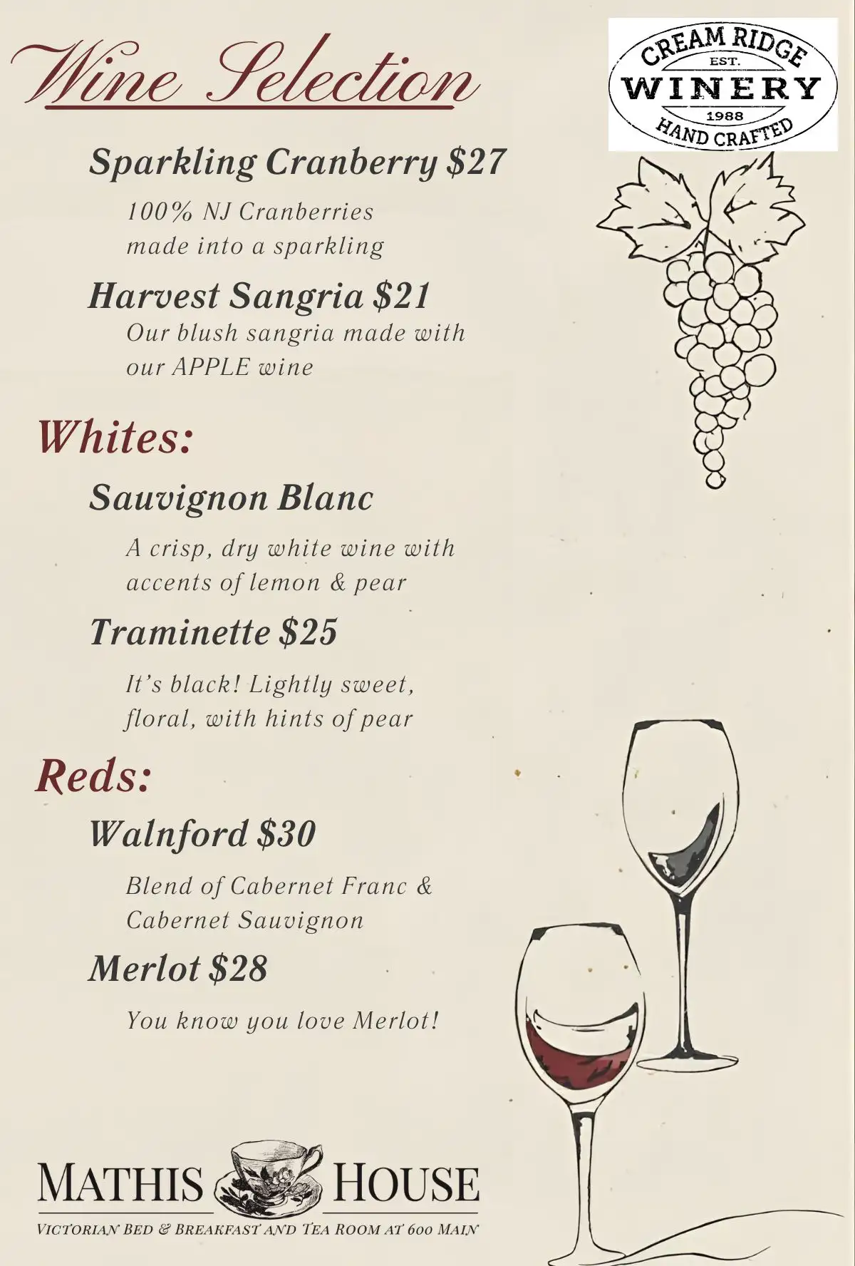 Cream Ridge Winery menu listing wine selections like Sparkling Cranberry, Harvest Sangria, Sauvignon Blanc, Traminette, Walnford, and Merlot, perfect for guests at a bed and breakfast in Toms River, NJ.